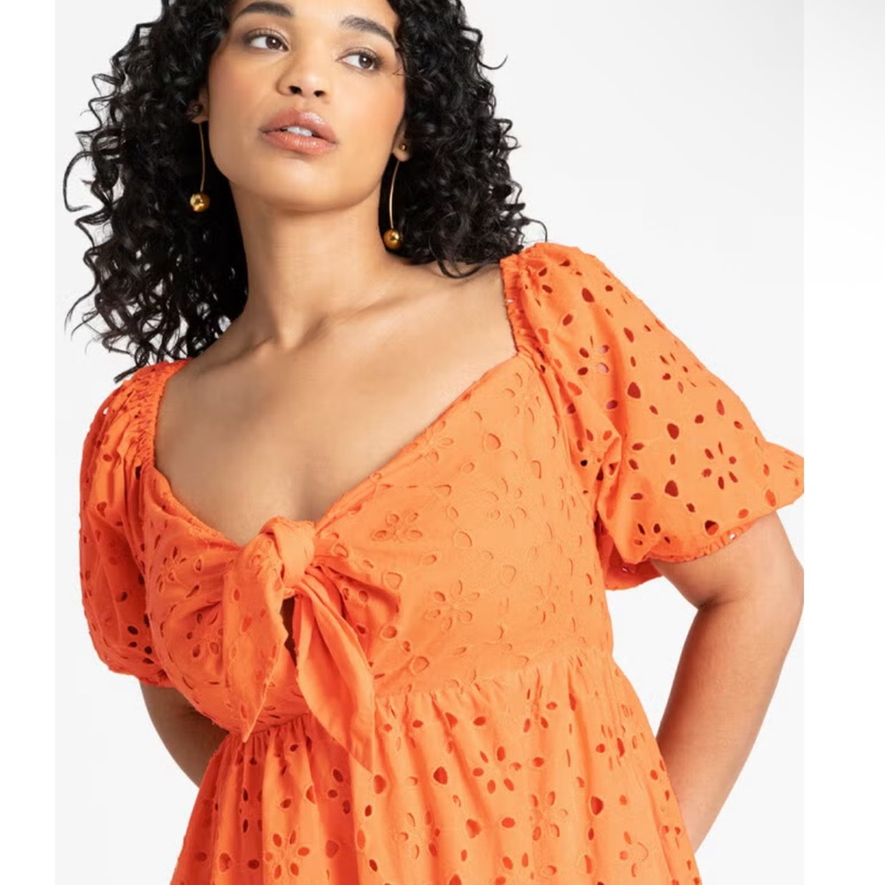 Eloquii Orange Eyelet Maxi Dress with Tie Front